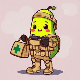 A kawaii-style tactical military avocado character as a medic, adorably holding a medical bag (boriquin) in its hands