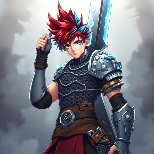 A striking human fighter stands confidently, wielding an enormous buster sword raised high, embodying power and determination