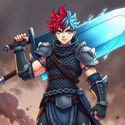 A striking human fighter stands confidently, wielding an enormous buster sword raised high, embodying power and determination