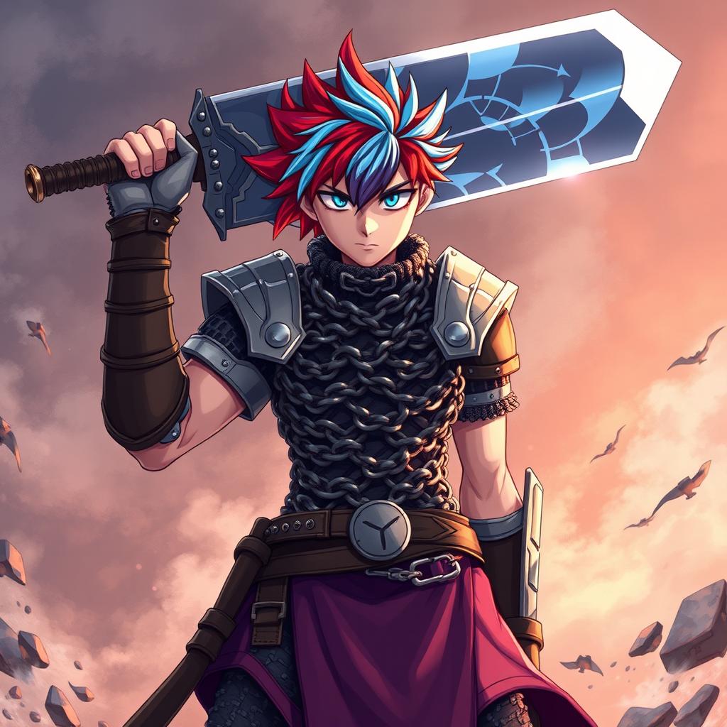 A striking human fighter stands confidently, wielding an enormous buster sword raised high, embodying power and determination