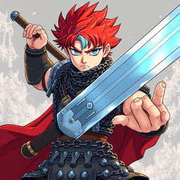 A powerful human fighter is poised for combat, brandishing an enormous buster sword raised high, radiating strength and determination