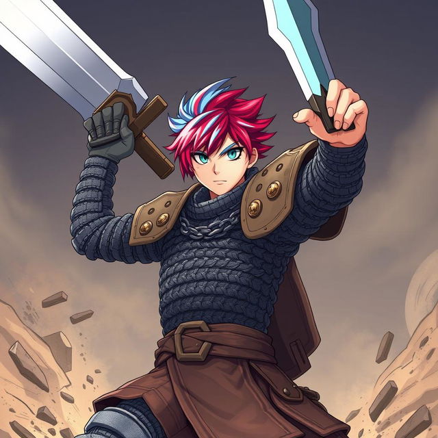 A powerful human fighter is poised for combat, brandishing an enormous buster sword raised high, radiating strength and determination