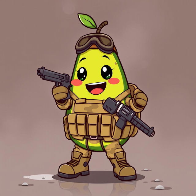 A kawaii-style tactical military avocado character aiming a pistol confidently in front of it