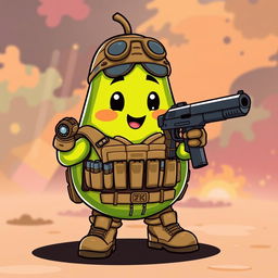 A kawaii-style tactical military avocado character aiming a pistol confidently in front of it