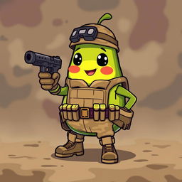 A kawaii-style tactical military avocado character aiming a pistol confidently in front of it