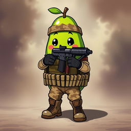 A kawaii-style tactical military avocado character aiming a pistol confidently in front of it