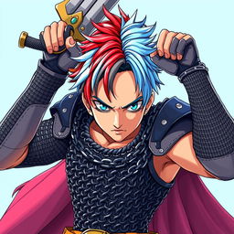 An androgynous human fighter with an intense gaze, featuring short hair that is fire red on one side and ice blue on the other