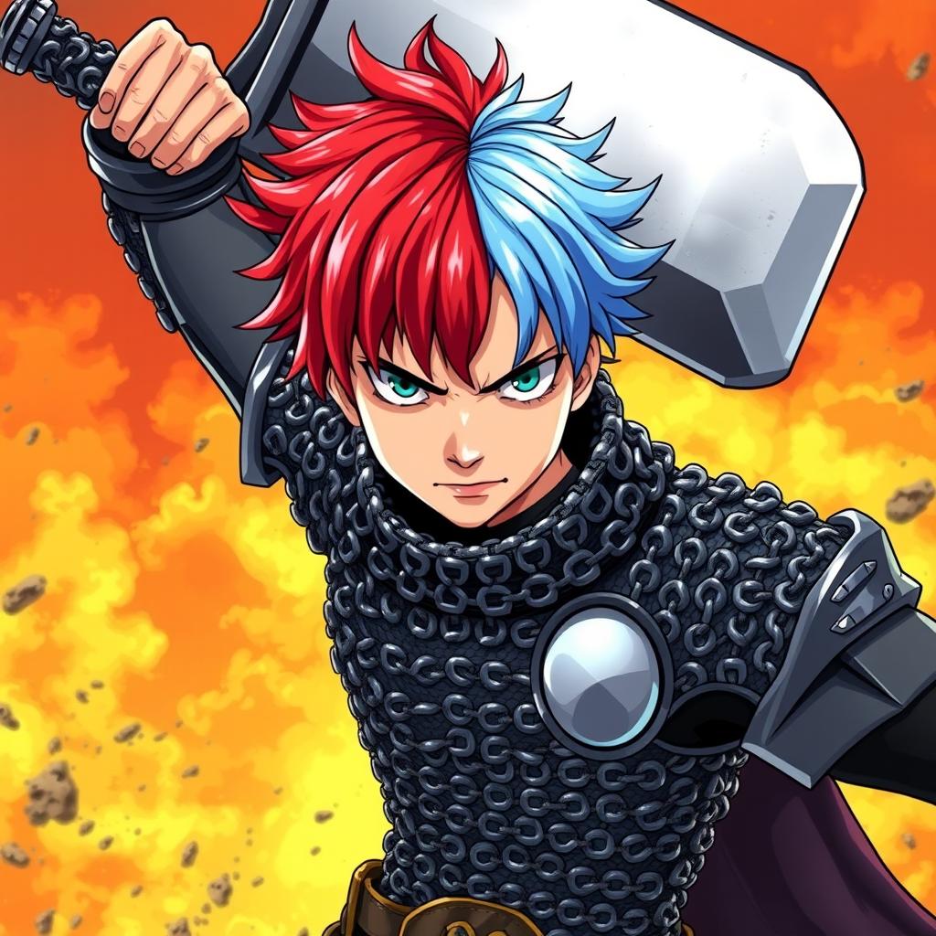 An androgynous human fighter with an intense gaze, featuring short hair that is fire red on one side and ice blue on the other