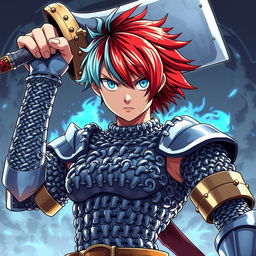 An androgynous human fighter with an intense gaze, featuring short hair that is fire red on one side and ice blue on the other