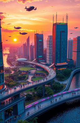 A vibrant and colorful landscape of a futuristic city at sunset