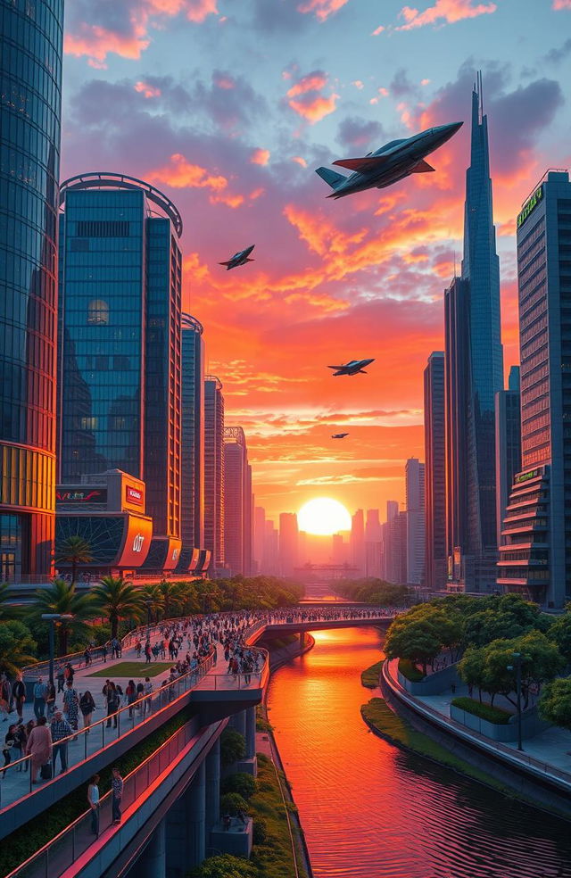 A vibrant and colorful landscape of a futuristic city at sunset