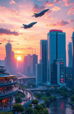 A vibrant and colorful landscape of a futuristic city at sunset