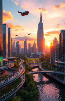 A vibrant and colorful landscape of a futuristic city at sunset