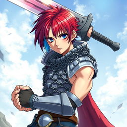 An androgynous human fighter brandishing an enormous buster sword overhead, showcasing short hair split into fire red on one side and ice blue on the other