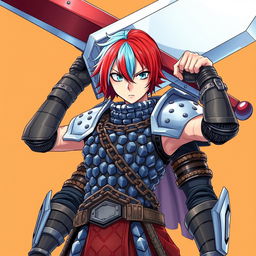 An androgynous human fighter brandishing an enormous buster sword overhead, showcasing short hair split into fire red on one side and ice blue on the other