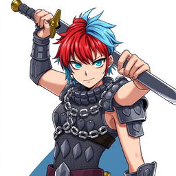 An androgynous human fighter brandishing an enormous buster sword overhead, showcasing short hair split into fire red on one side and ice blue on the other