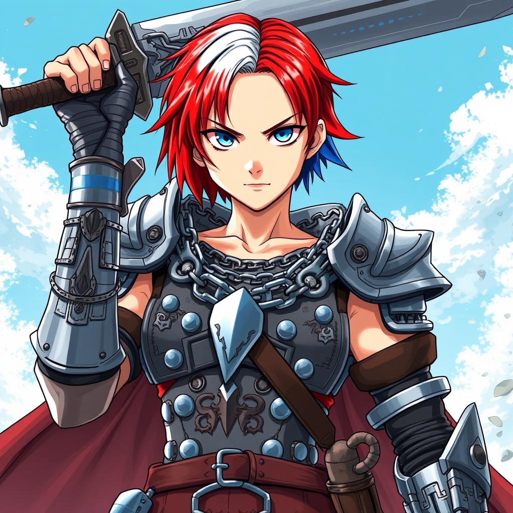 An androgynous human fighter brandishing an enormous buster sword overhead, showcasing short hair split into fire red on one side and ice blue on the other