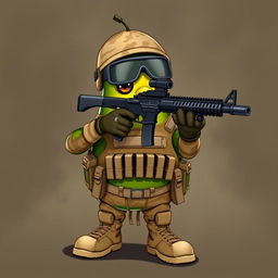 A tactical military avocado character aiming a firearm confidently in front of it