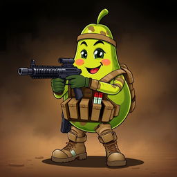 A tactical military avocado character aiming a firearm confidently in front of it