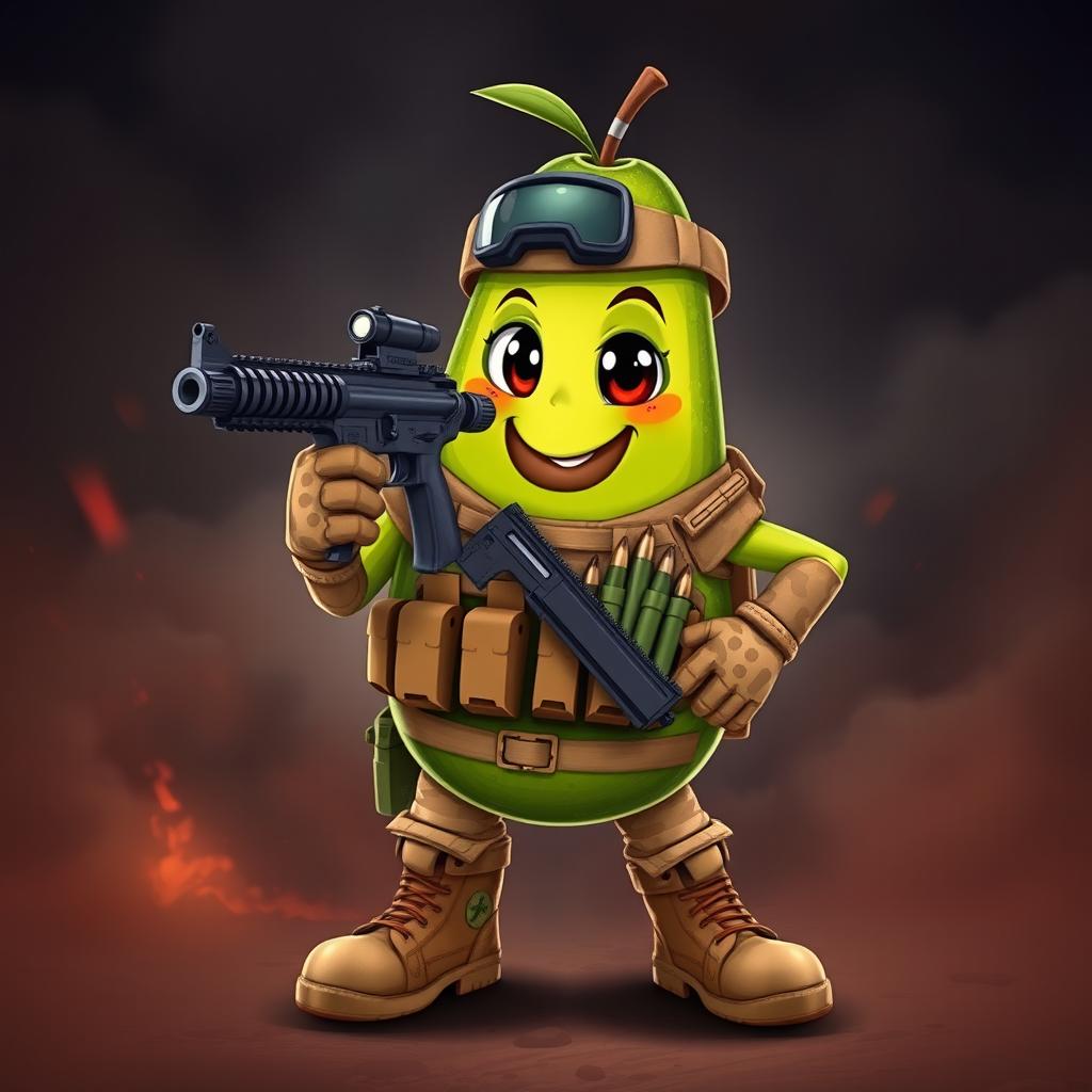 A tactical military avocado character aiming a firearm confidently in front of it