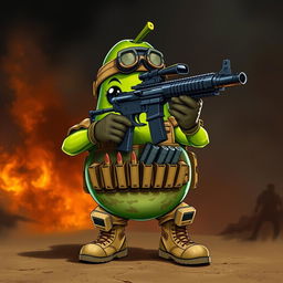 A tactical military avocado character aiming a firearm confidently in front of it