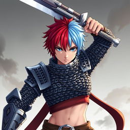 An androgynous human fighter, striking a powerful pose with a massive buster sword raised above their head