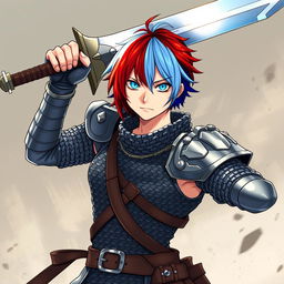 An androgynous human fighter, striking a powerful pose with a massive buster sword raised above their head