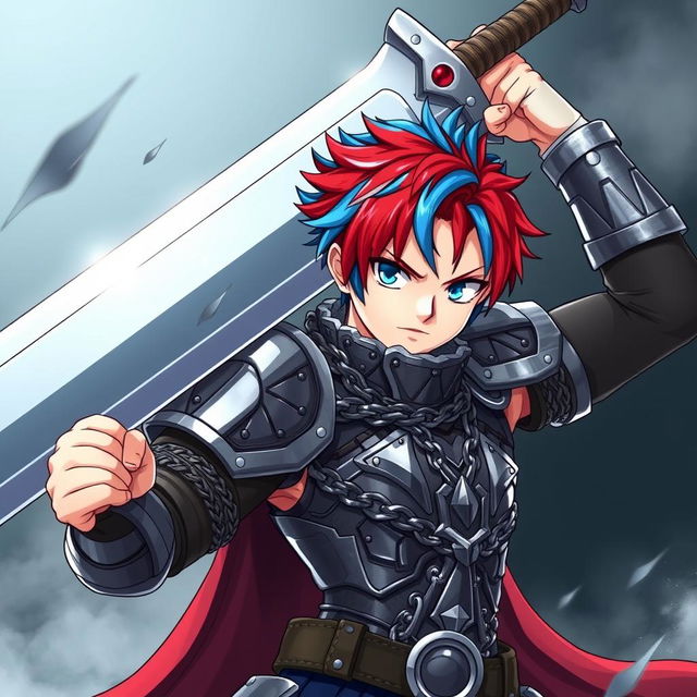 An androgynous human fighter posed heroically with a gigantic buster sword raised above their head