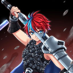 An androgynous human fighter posed heroically with a gigantic buster sword raised above their head