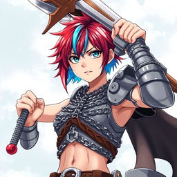 An androgynous human fighter posed heroically with a gigantic buster sword raised above their head