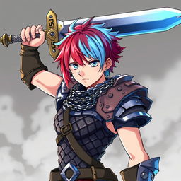 An androgynous human fighter posed heroically with a gigantic buster sword raised above their head