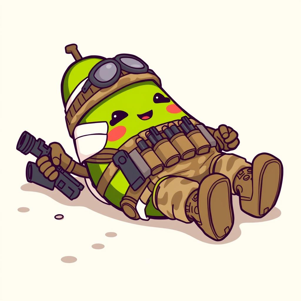 A kawaii-style tactical military avocado character, depicting a charmingly injured avocado lying on the ground, surrounded by bandages