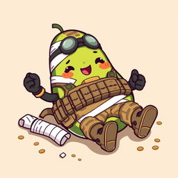 A kawaii-style tactical military avocado character, depicting a charmingly injured avocado lying on the ground, surrounded by bandages