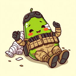 A kawaii-style tactical military avocado character, depicting a charmingly injured avocado lying on the ground, surrounded by bandages