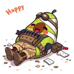 A kawaii-style tactical military avocado character, depicting a charmingly injured avocado lying on the ground, surrounded by bandages