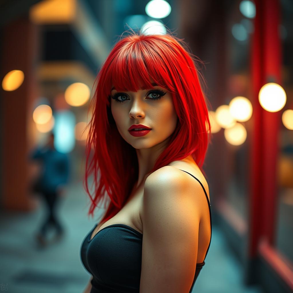 A striking and alluring woman with bright red fringe hair, styled in a contemporary fashion