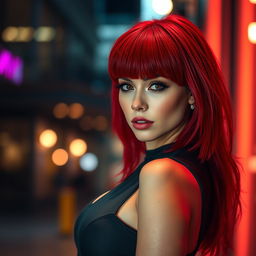 A striking and alluring woman with bright red fringe hair, styled in a contemporary fashion