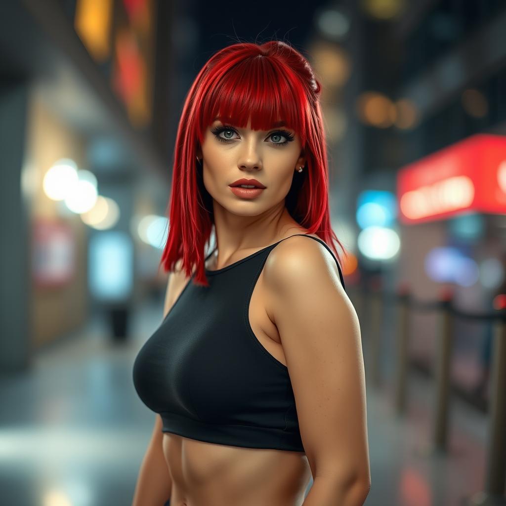 A striking and alluring woman with bright red fringe hair, styled in a contemporary fashion