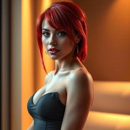 A realistic portrayal of a sexy woman with vibrant red fringe hair, styled to frame her face beautifully