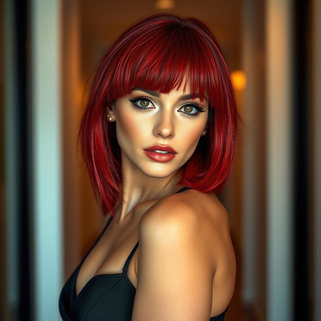 A realistic portrayal of a sexy woman with vibrant red fringe hair, styled to frame her face beautifully