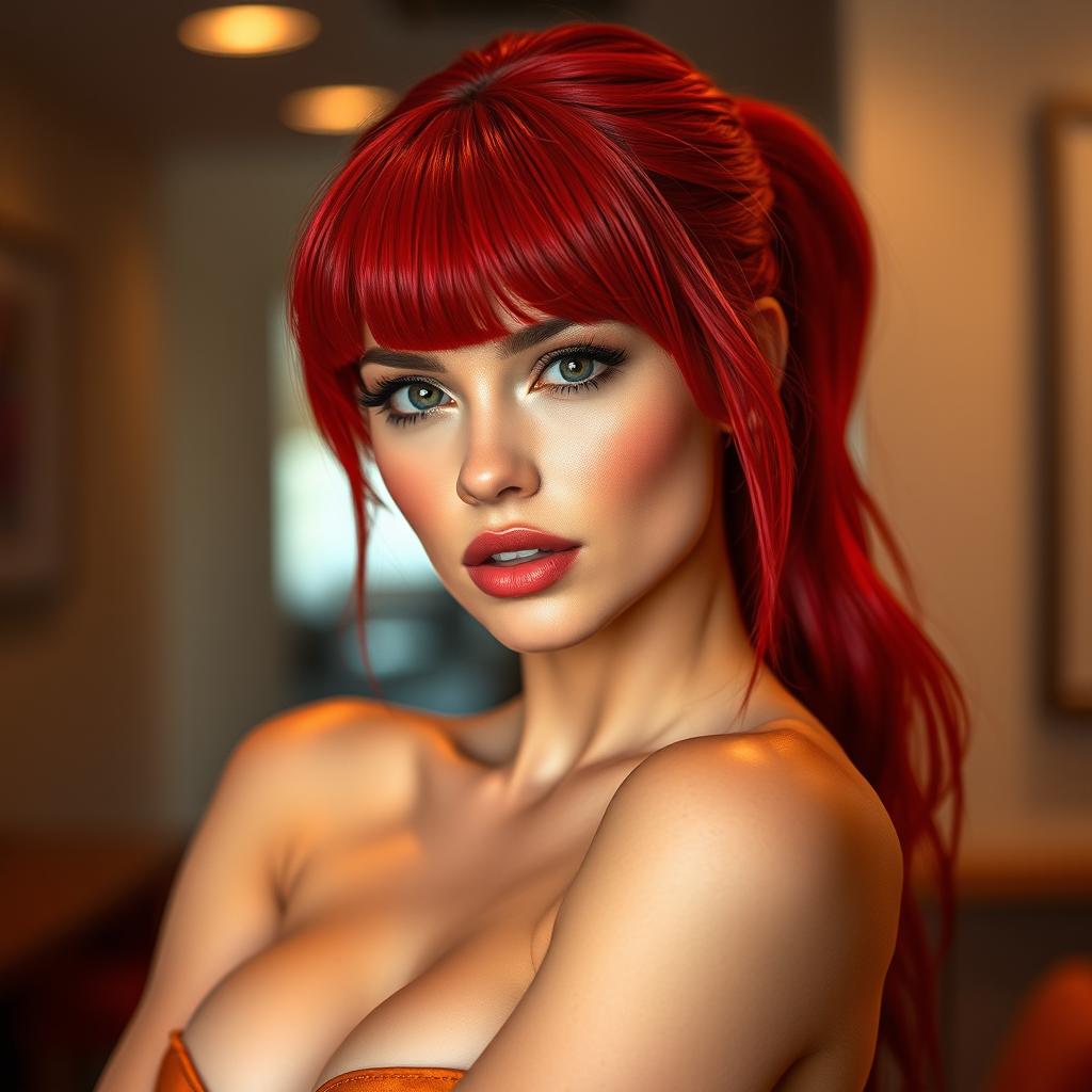 A realistic portrayal of a sexy woman with vibrant red fringe hair, styled to frame her face beautifully