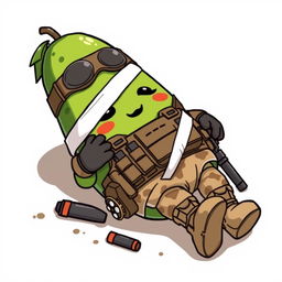 A kawaii-style tactical military avocado character that appears injured and is lying on the ground, wrapped in bandages