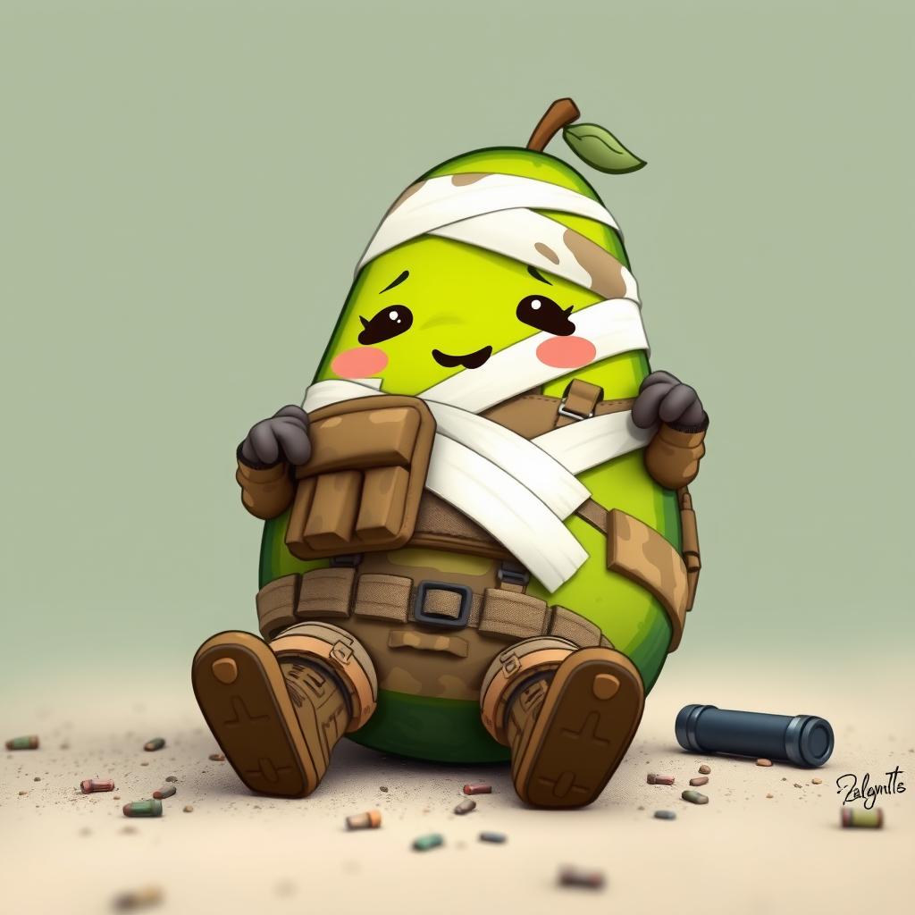 A kawaii-style tactical military avocado character that appears injured and is lying on the ground, wrapped in bandages