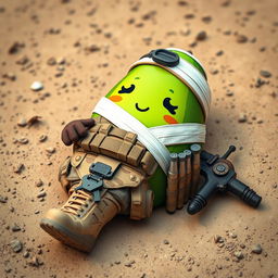 A kawaii-style tactical military avocado character that appears injured and is lying on the ground, wrapped in bandages