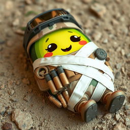 A kawaii-style tactical military avocado character that appears injured and is lying on the ground, wrapped in bandages