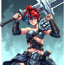 An androgynous human fighter, powerfully posed with an enormous buster sword raised high