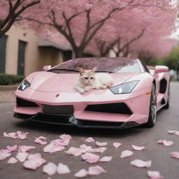 A charming image of a cute cat lounging on a shiny light pink Lamborghini, with petals from a pink flower tree gently cascading onto the car and surrounding pavement.