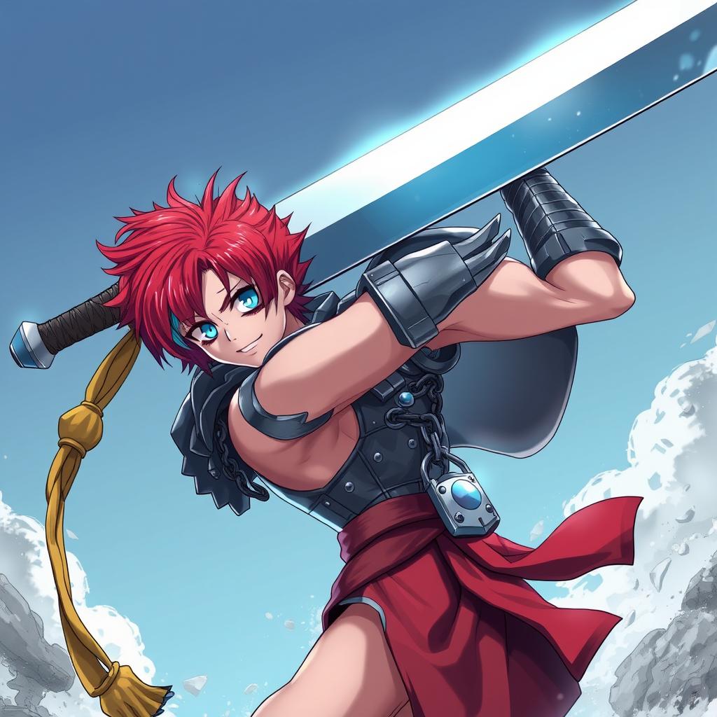 An androgynous human fighter, powerfully posed with an enormous buster sword raised high