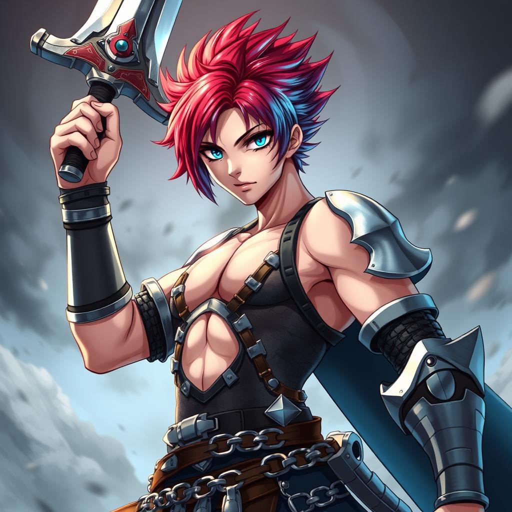 An androgynous human fighter, powerfully posed with an enormous buster sword raised high