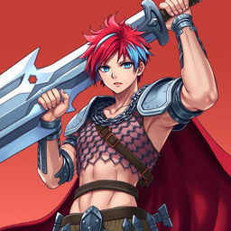 An androgynous human fighter, dramatically posed with a colossal buster sword raised in the air